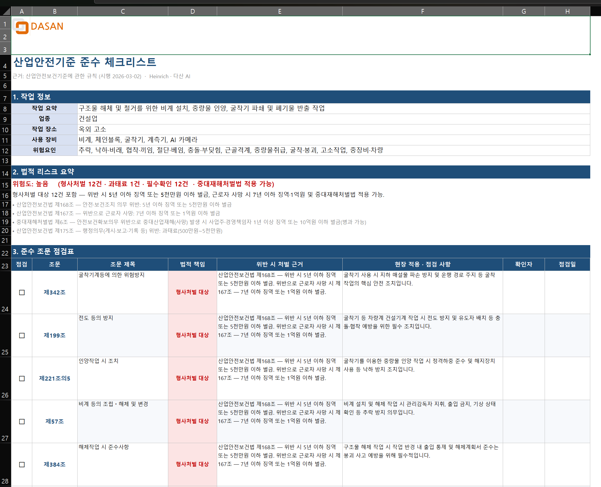 현장 체크리스트(Excel) — 작업 정보 + 법적 리스크 요약 + 조문별 점검표 (다산 로고)