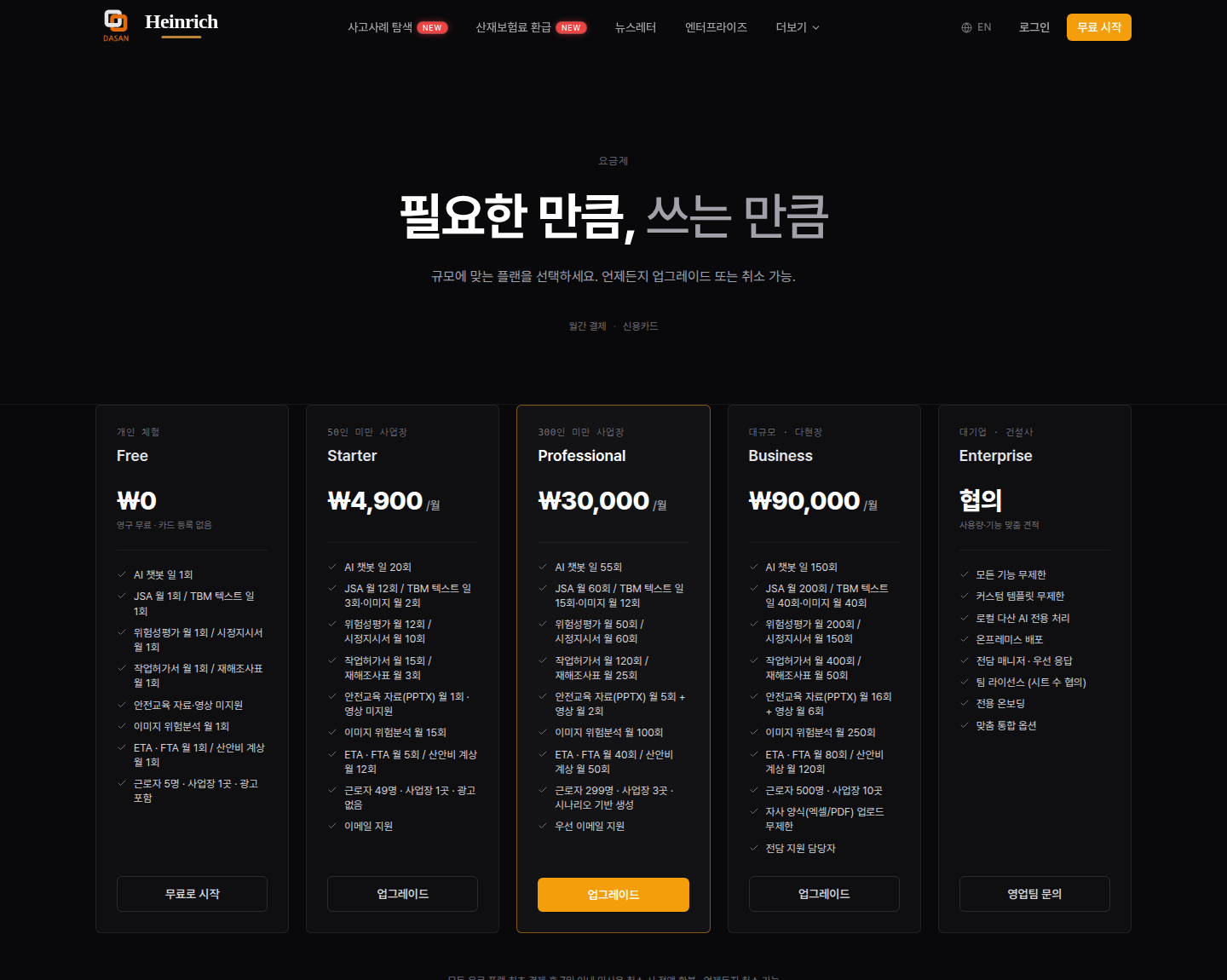 Free는 영구 무료(카드 등록 없음), Starter는 월 4,900원 — 50인 미만 사업장 기준